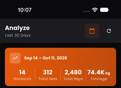 Last 30 days: 14 workouts, 312 total sets, 2,480 total reps, 74.4K kg tonnage