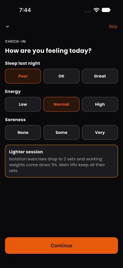 Check-in: sleep poor, energy normal, soreness some, lighter session