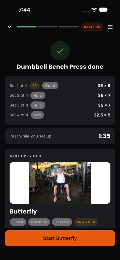 Exercise done: set 1 PR and Good, sets 2 and 3 Hard, set 4 Max