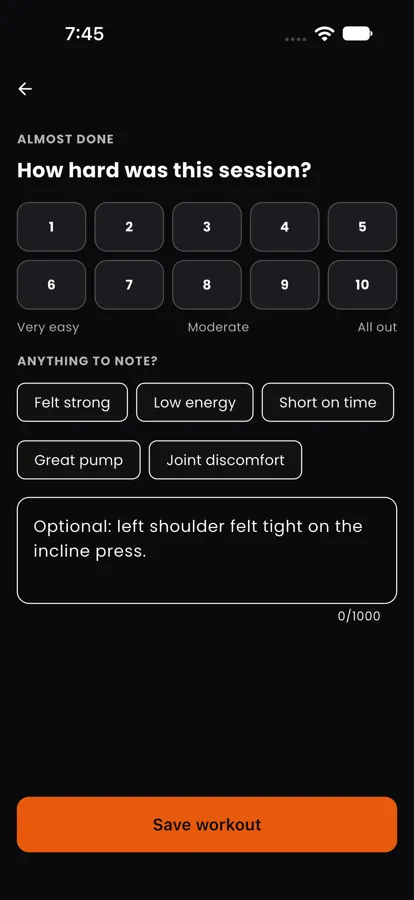 How hard was this session, 1 to 10, with quick notes